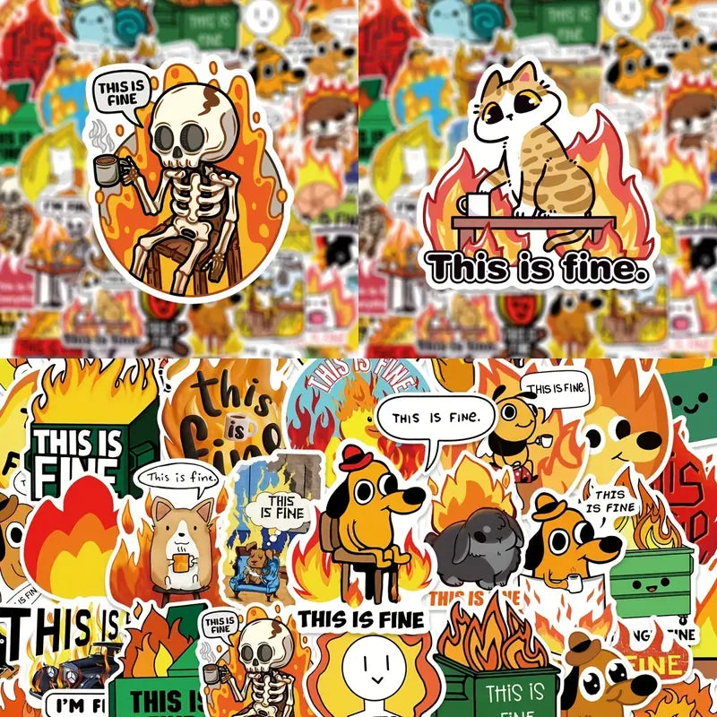 "This is Fine" Meme Vinyl Decals 5pc Set Stickers, Pins & Patches Taps Imports