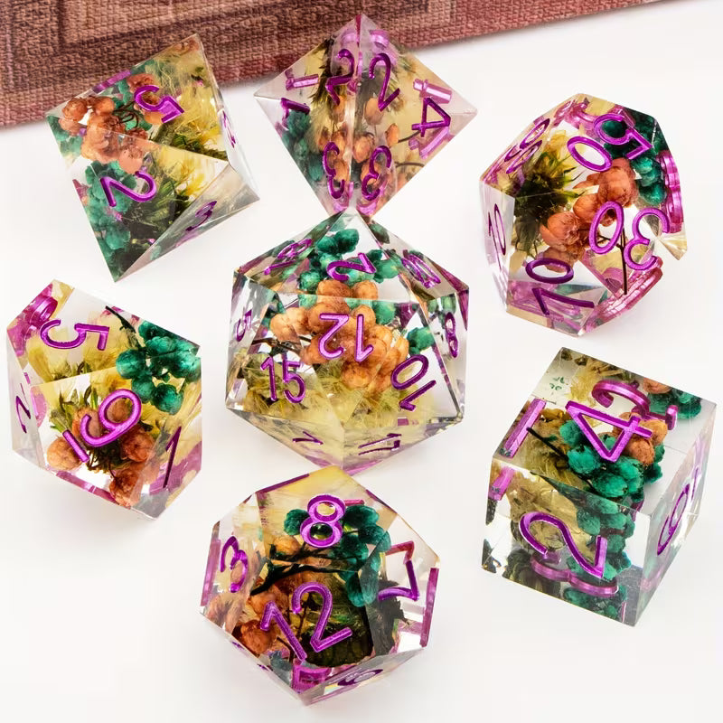 Seriously Good Dice: Sharp-Edged Resin 7 Die Set "Purple Flowers II" Dice & Gaming Accessories Taps Imports