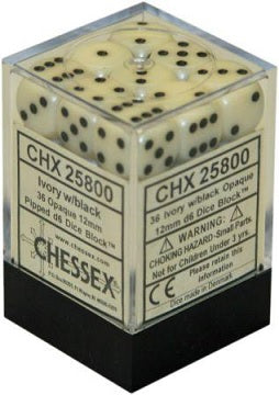 Chessex: Ivory/Black Opaque 36Ct D6 Dice Set 12mm Dice & Gaming Accessories Chessex