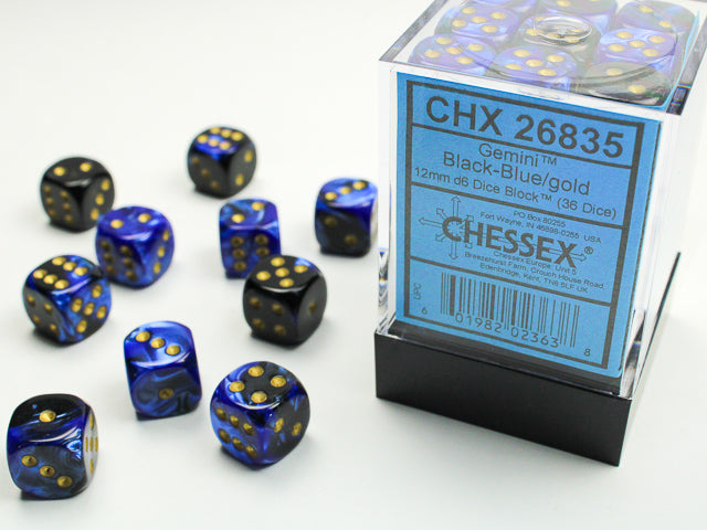 Chessex: 36Ct D6 Dice Set Gemini - Black-Blue/Gold (12mm) Dice & Gaming Accessories Chessex