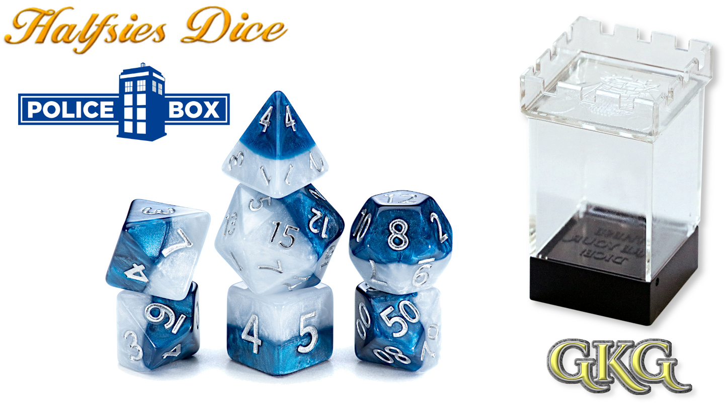 Gate Keeper Games: "Police Box” Halfsies Dice 7-Die Set Dice & Gaming Accessories Gate Keeper Games