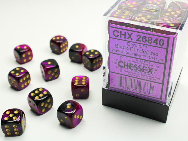 Chessex: 36Ct D6 Dice Set Gemini - Black-Purple/Gold (12mm) Dice & Gaming Accessories Chessex