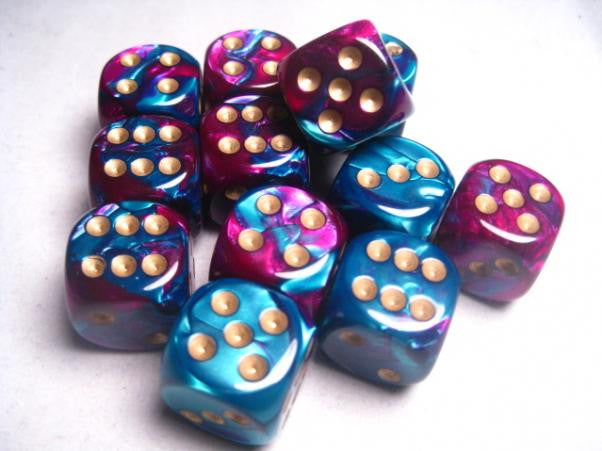 Chessex: 12Ct D6 Dice Set Gemini - Purple Teal/Gold (16mm) Dice & Gaming Accessories Chessex