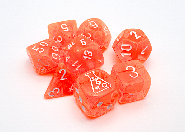 Chessex: 7-Dice Set Lab Dice Translucent - Neon Orange/White Dice & Gaming Accessories Chessex