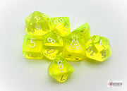 Chessex: 7-Dice Set Lab Dice Translucent - Neon Yellow/White Dice & Gaming Accessories Chessex