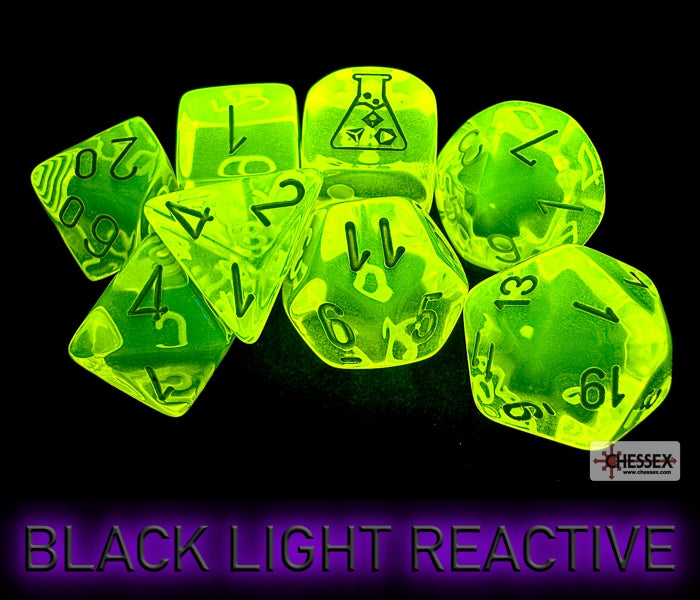 Chessex: 7-Dice Set Lab Dice Translucent - Neon Yellow/White Dice & Gaming Accessories Chessex