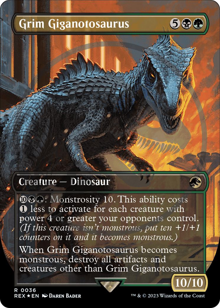 Grim Giganotosaurus (Emblem) (REX-036) [Jurassic World Collection] (Borderless) Foil MTG Single Wizards of the Coast
