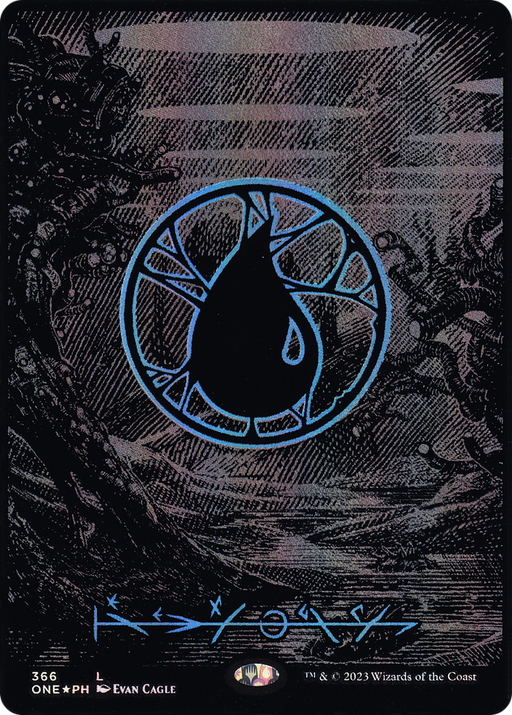 Island (Phyrexian) - Full Art (Oil Slick Raised Foil) (ONE-366) [Phyrexia: All Will Be One] (Borderless) Foil MTG Single Wizards of the Coast