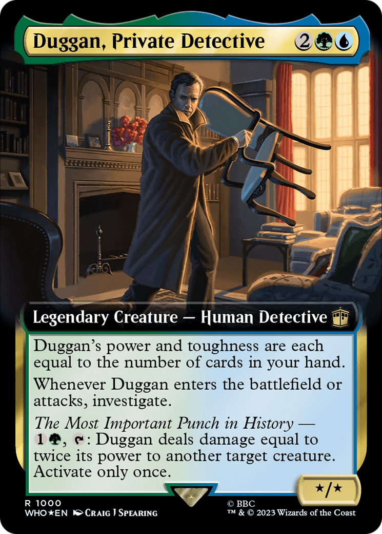 Duggan, Private Detective (Surge Foil) (WHO-1000) [Doctor Who] (Extended Art) Foil MTG Single Wizards of the Coast