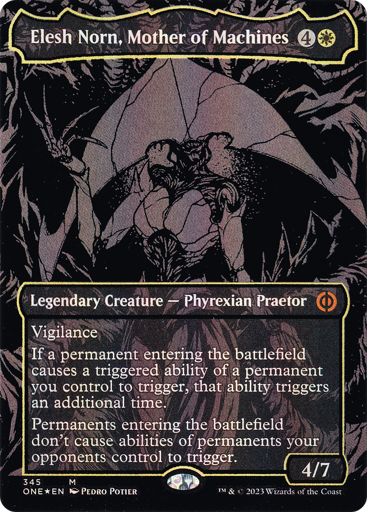 Elesh Norn, Mother of Machines (Oil Slick Raised Foil) (ONE-345) [Phyrexia: All Will Be One] (Borderless) Foil MTG Single Wizards of the Coast