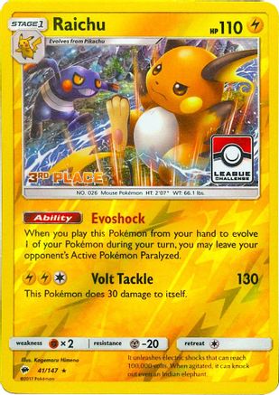 Raichu 41/147 (League Challenge) [3rd Place] Reverse Holofoil [Promos: League & Championship Cards] Pokemon Single Pokémon