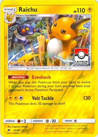 Raichu 41/147 (League Challenge) [4th Place] Reverse Holofoil [Promos: League & Championship Cards] Pokemon Single Pokémon