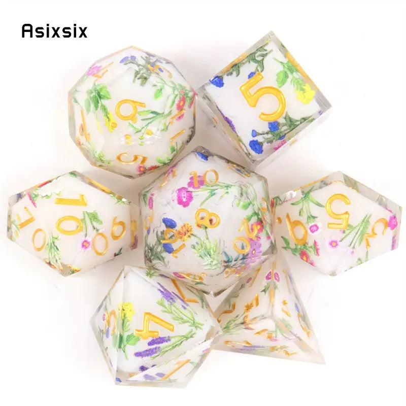 Seriously Good Dice: 7 Die Set Colorful Flower Leaf Resin White w/Gold Dice & Gaming Accessories Taps Imports
