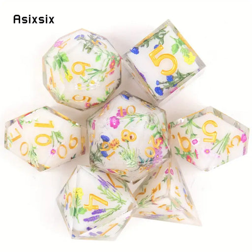 Seriously Good Dice: 7 Die Set Colorful Flower Leaf Resin White w/Gold Dice & Gaming Accessories Taps Imports