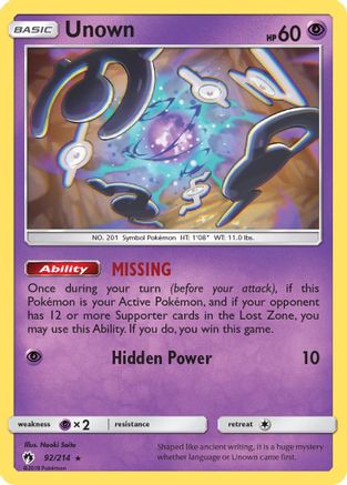 Unown (92/214) Reverse Holofoil [SM: Lost Thunder] Pokemon Single Pokémon