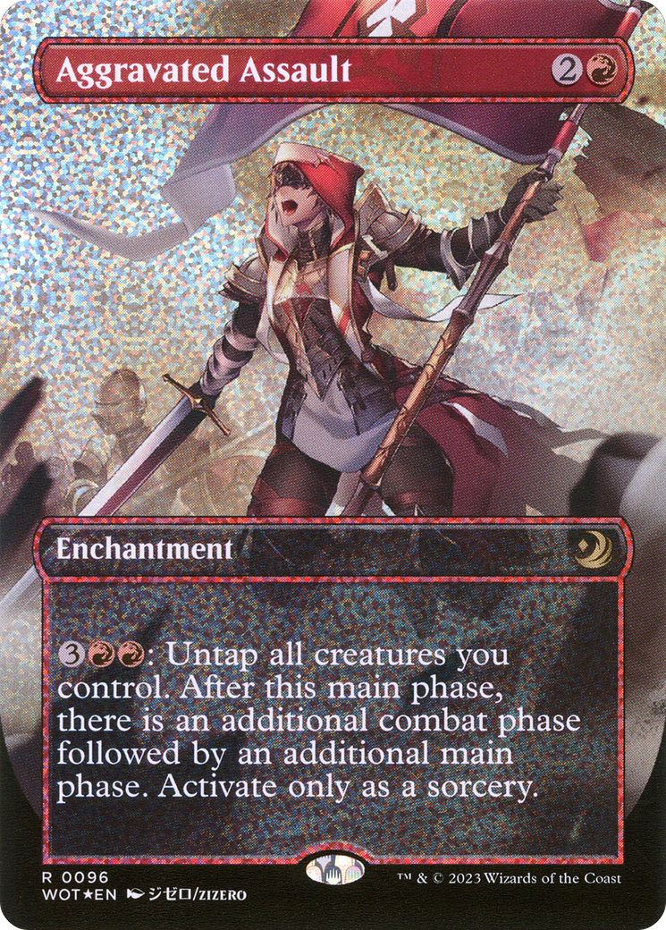 Aggravated Assault (Anime Borderless) (Confetti Foil) (WOT-096) [Wilds of Eldraine: Enchanting Tales] (Borderless) Foil MTG Single Wizards of the Coast