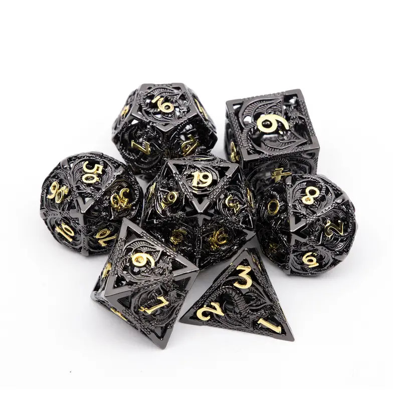 Seriously Good Dice: Hollow Metal 7 Die Set "Onyx Dragon" (With Dragon Eye Bag) Dice & Counters Taps Imports   