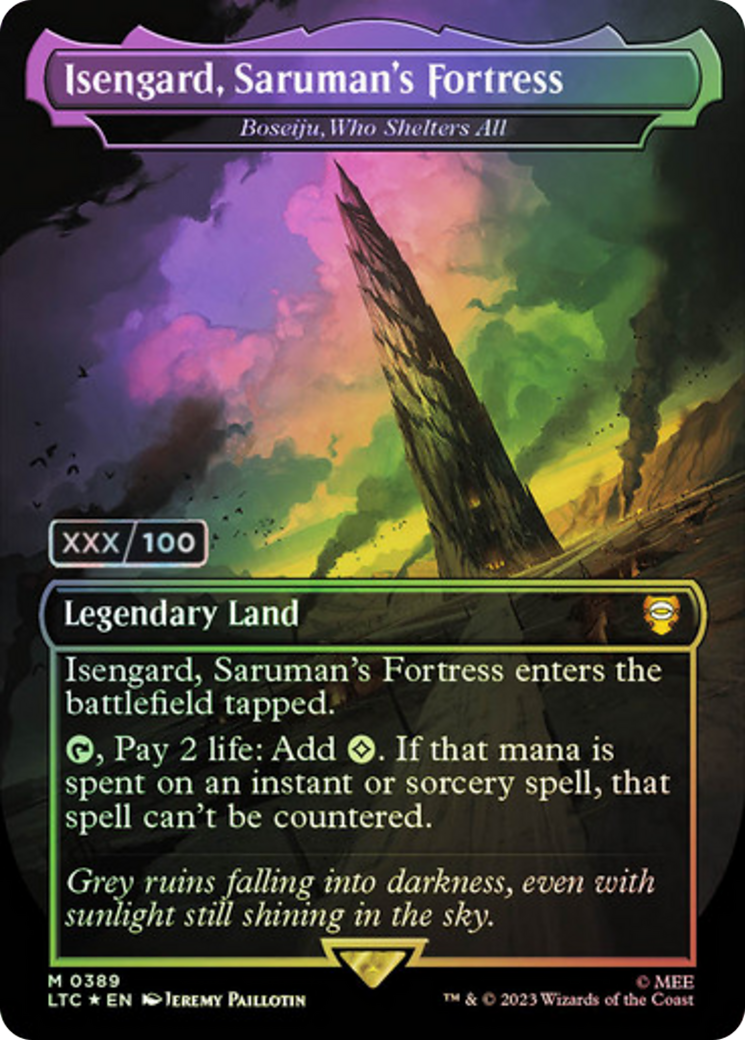 Isengard, Saruman's Fortress - Boseiju, Who Shelters All (Serial Numbered) (LTC-389) [Tales of Middle-earth Commander] (Borderless) Foil MTG Single Wizards of the Coast