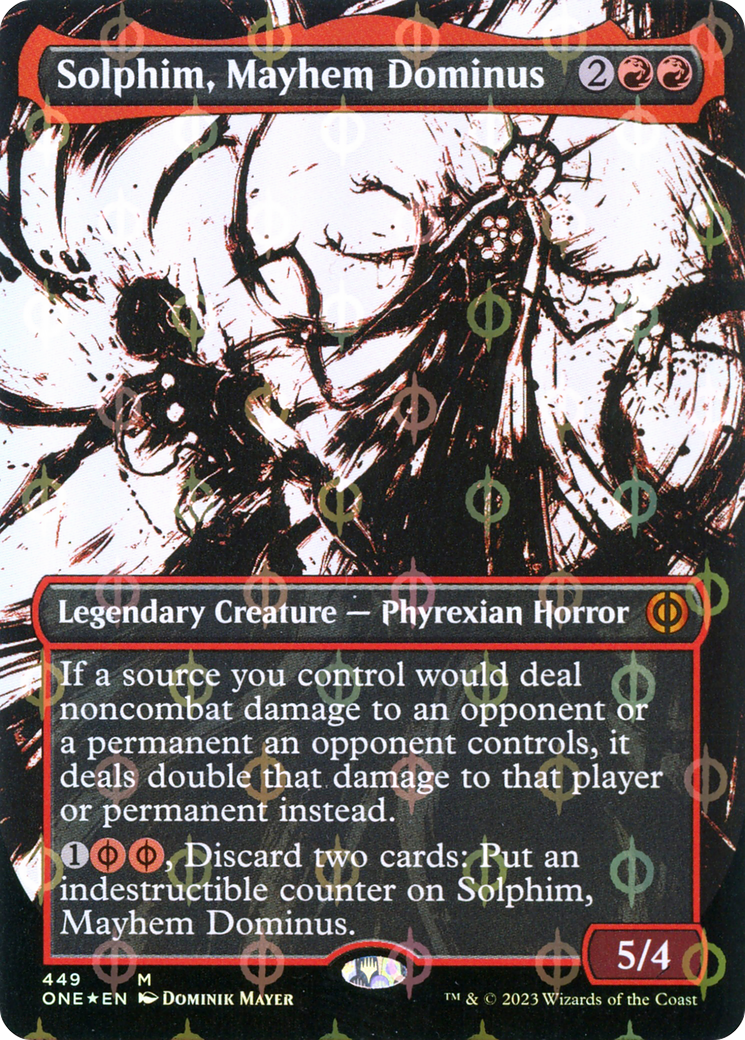 Solphim, Mayhem Dominus (Step-and-Compleat Foil) (ONE-449) [Phyrexia: All Will Be One] (Showcase) (Borderless) Foil MTG Single Wizards of the Coast