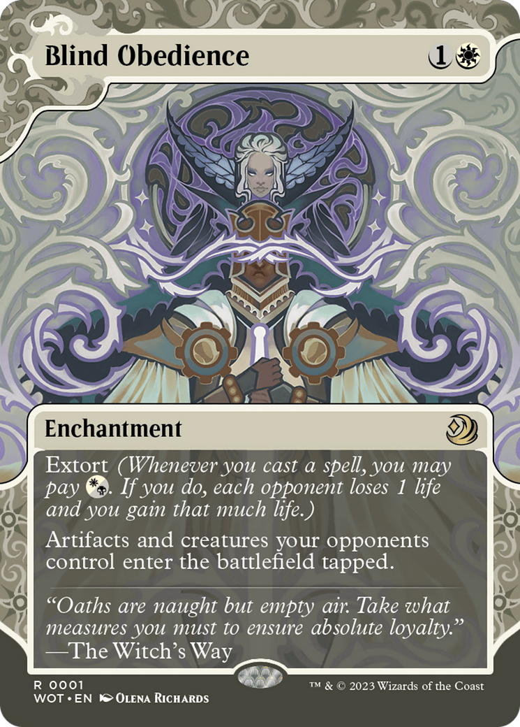Blind Obedience (WOT-001) [Wilds of Eldraine: Enchanting Tales] (Showcase) (Borderless) Foil MTG Single Wizards of the Coast