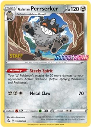 Galarian Perrserker - SWSH008 (Prerelease) [Staff] () Holofoil [Promos: SWSH Promo Cards] Pokemon Single Pokémon