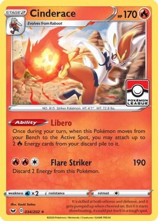Cinderace - 034/202 (Pokemon League) Reverse Holofoil [Promos: League & Championship Cards] Pokemon Single Pokémon