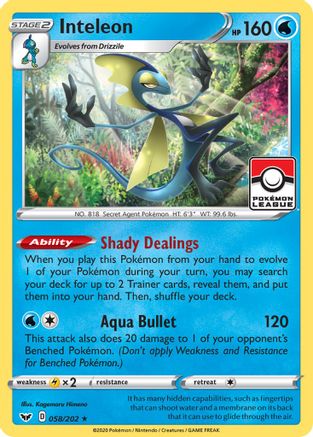 Inteleon 058/202 (Pokemon League) Reverse Holofoil [Promos: League & Championship Cards] Pokemon Single Pokémon