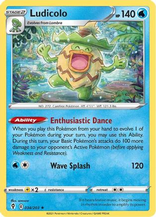 Ludicolo (34/203) Reverse Holofoil [SWSH: Evolving Skies] Pokemon Single Pokémon