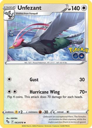 Unfezant (63/78) Reverse Holofoil [SWSH: Pokemon GO] Pokemon Single Pokémon