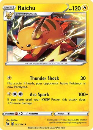 Raichu (53/196) Reverse Holofoil [SWSH: Lost Origin] Pokemon Single Pokémon
