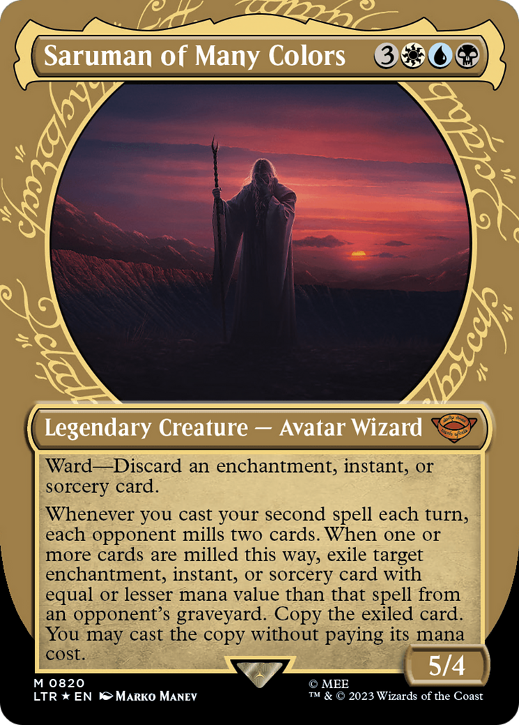 Saruman of Many Colors (Surge Foil) (LTR-820) [The Lord of the Rings: Tales of Middle-earth] (Showcase) (Borderless) Foil MTG Single Wizards of the Coast