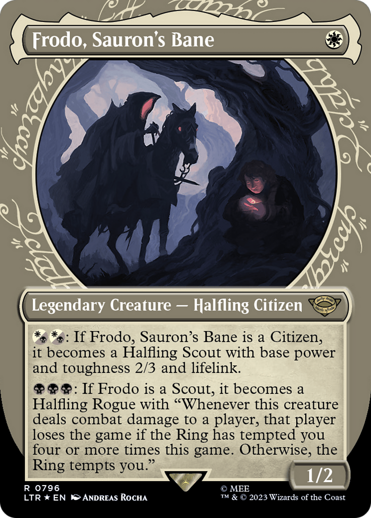 Frodo, Sauron's Bane (Surge Foil) (LTR-796) [The Lord of the Rings: Tales of Middle-earth] (Showcase) (Borderless) Foil MTG Single Wizards of the Coast