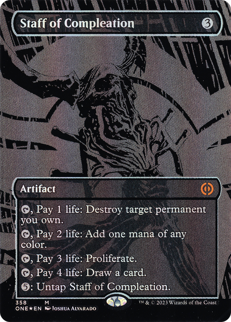 Staff of Compleation (Oil Slick Raised Foil) (ONE-358) [Phyrexia: All Will Be One] (Borderless) Foil MTG Single Wizards of the Coast