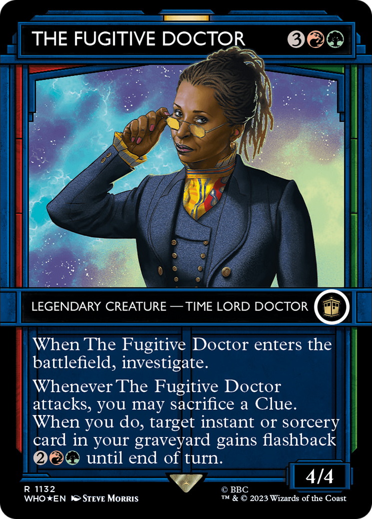 The Fugitive Doctor (Surge Foil) (WHO-1132) [Doctor Who] (Showcase) (Borderless) Foil MTG Single Wizards of the Coast