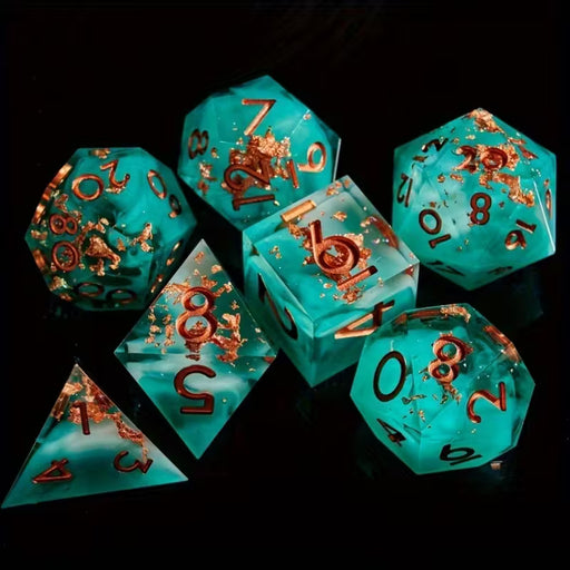 Seriously Good Dice: Sharp-Edged Resin 7 Die Set Light Green Gold flakes w/ Gold Dice & Gaming Accessories Taps Imports
