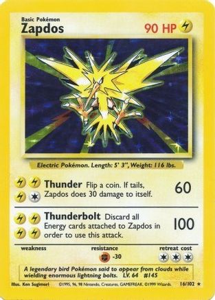 Zapdos (16/102) - [Vintage: Base Set] Holofoil Pokemon Single Pokémon
