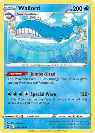 Wailord (38/195) Reverse Holofoil [SWSH: Silver Tempest] Pokemon Single Pokémon