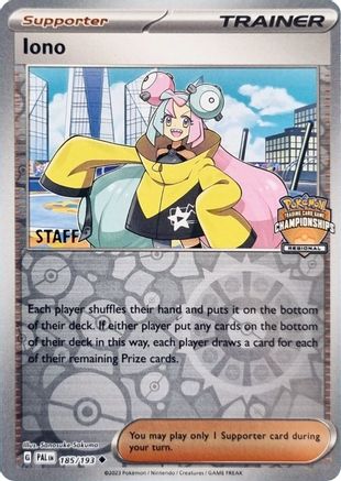 Iono - 185/193 (Regional Championships) [Staff] () Reverse Holofoil [Promos: League & Championship Cards] Pokemon Single Pokémon