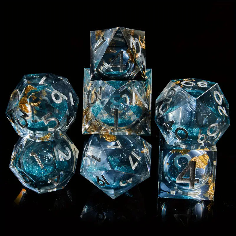 Seriously Good Dice: Liquid Core 7 Die Set "Gold Flakes and Rolling Quicksand" Blue/Black w/ Silver Dice & Gaming Accessories Taps Imports