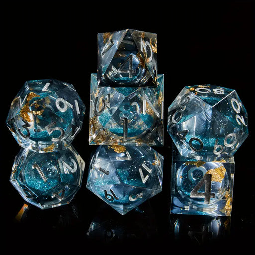 Seriously Good Dice: Liquid Core 7 Die Set "Gold Flakes and Rolling Quicksand" Blue/Black w/ Silver Dice & Gaming Accessories Taps Imports