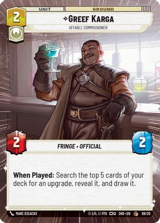 Greef Karga - Affable Commissioner (Hyperspace) (08/20) [Shadows of the Galaxy Weekly Play Promos] Star Wars: Unlimited Single Disney