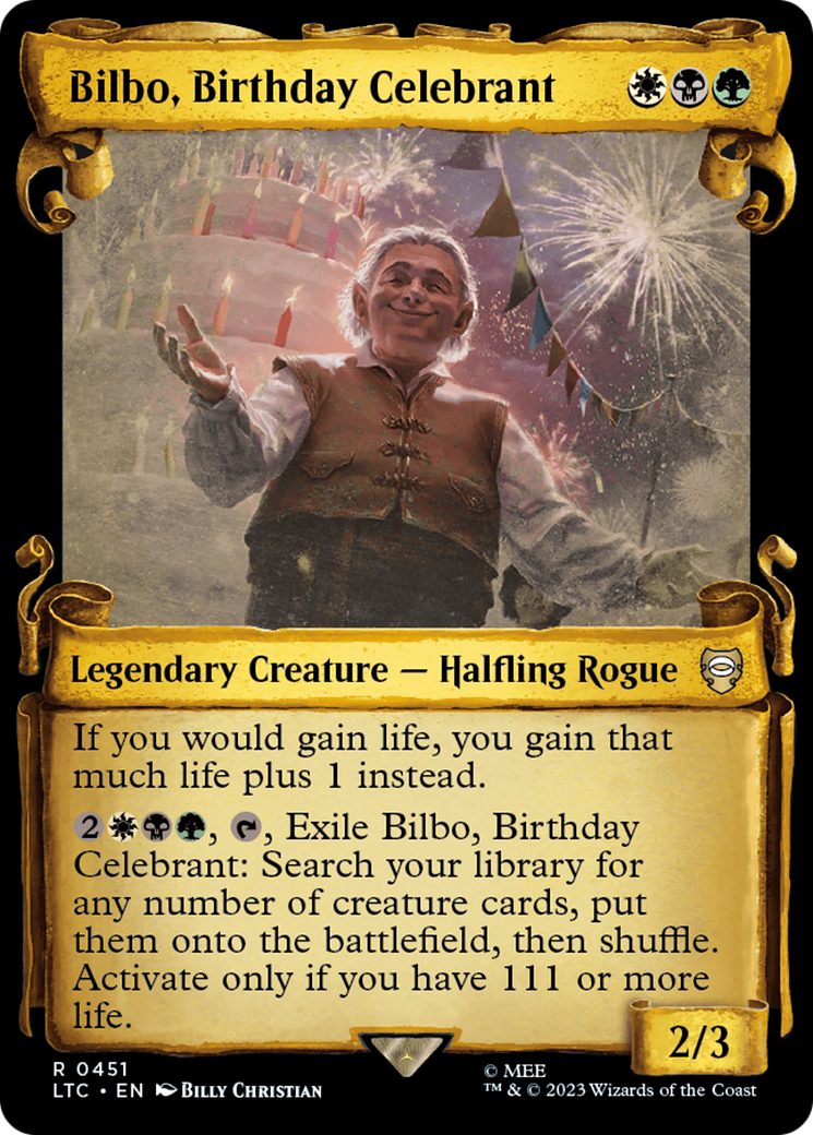 Bilbo, Birthday Celebrant (Showcase Scrolls) (LTC-451) [Tales of Middle-earth Commander] (Showcase) Foil MTG Single Wizards of the Coast