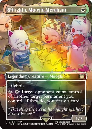 Stiltzkin, Moogle Merchant (Borderless) (Chocobo Track Foil) (FIN-565) [FINAL FANTASY] Foil MTG Single Wizards of the Coast