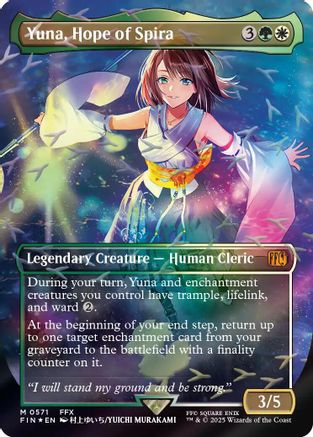 Yuna, Hope of Spira (Borderless) (Chocobo Track Foil) (FIN-571) [FINAL FANTASY] Foil MTG Single Wizards of the Coast