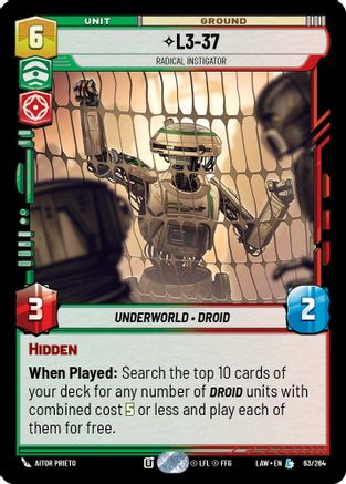 L3-37 - Radical Instigator (63/264) [A Lawless Time] Star Wars: Unlimited Single Disney