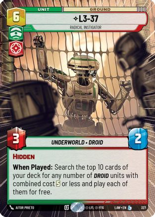 L3-37 - Radical Instigator (Hyperspace) (327) [A Lawless Time] Star Wars: Unlimited Single Disney