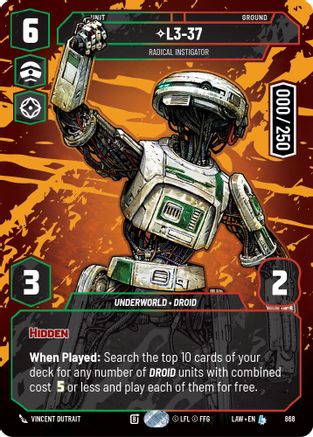 L3-37 - Radical Instigator (Serialized) (868) [A Lawless Time] Foil Star Wars: Unlimited Single Disney
