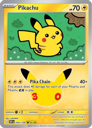 Pikachu 34/128 Holofoil [ME: 30th Celebration] Pokemon Single Pokémon