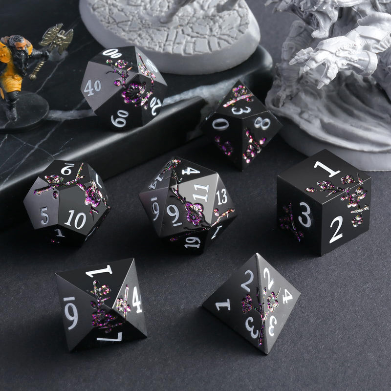 Seriously Good Dice: Metal 7 Die Set "Matte Black with Purple Flowers" Dice & Gaming Accessories Taps Imports