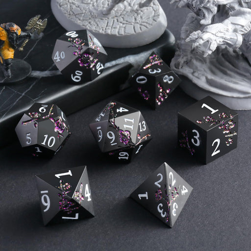 Seriously Good Dice: Metal 7 Die Set "Matte Black with Purple Flowers" Dice & Gaming Accessories Taps Imports